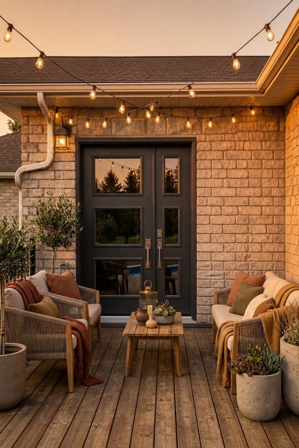 Black double entrance doors opening onto a covered patio at dusk