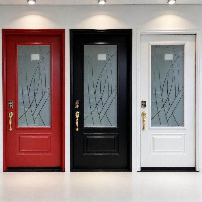 Entrance door shown in red, black, and white finishes