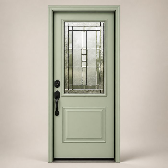 Sage green entrance door with decorative glass panel